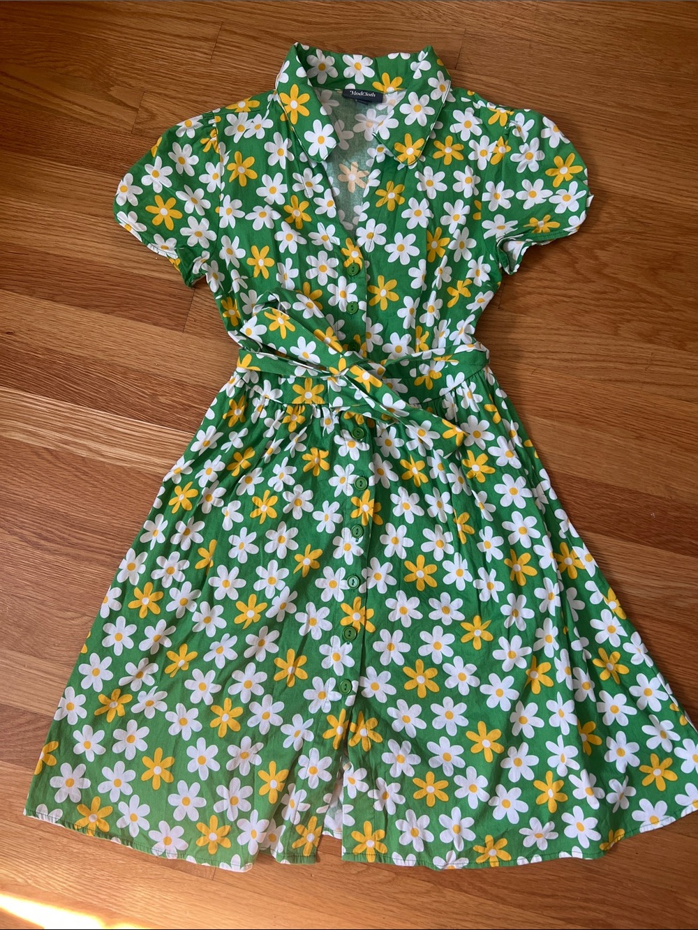 ModCloth Green Floral Wrap Dress with Yellow and White Daisies